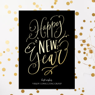 Happy New Year Black Gold Script Modern Business Foil Holiday Card