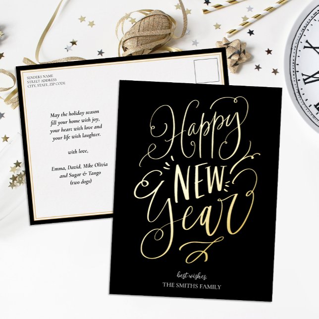 Happy New Year Black Gold Script Modern Non Photo Foil Holiday Postcard (Creator Uploaded)