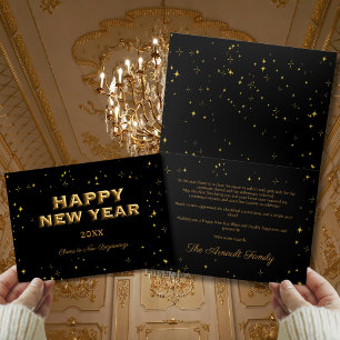 Happy New Year Black & Gold Stars Elegant Card