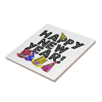 Happy New Year - Black Text with Party Hats