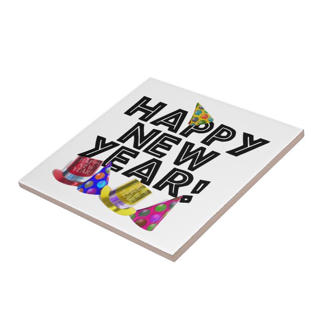Happy New Year - Black Text with Party Hats Ceramic Tile (Side)