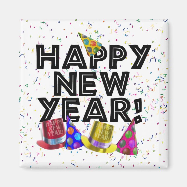 Happy New Year - Black Text with Party Hats Magnet (Front)