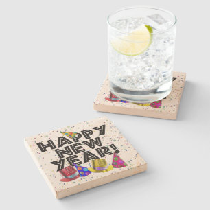 Happy New Year - Black Text with Party Hats Stone Coaster