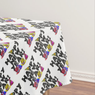 Happy New Year - Black Text with Party Hats Tablecloth