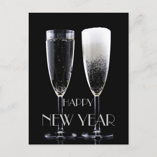 Happy New Year Black White Champagne Flute Glasses Holiday Postcard (Front)
