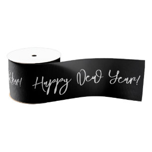 Happy New Year! Black White Chic Cursive Text Grosgrain Ribbon
