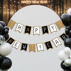 Happy New Year Black White & Gold Glitter Bunting