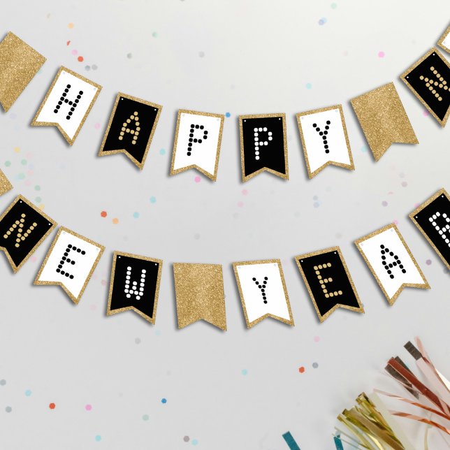 Happy New Year Black White & Gold Glitter Bunting (Happy New Year Black White & Gold Glitter Bunting Flags
)