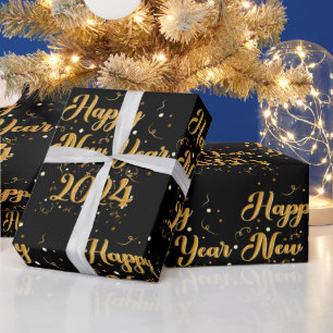 Happy New Year Black Wrapping Paper