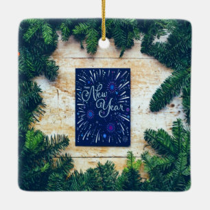 Happy New Year Blue and Green Pine Ceramic Ornament