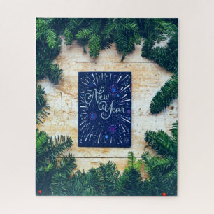 Happy New Year Blue and Green Pine Jigsaw Puzzle