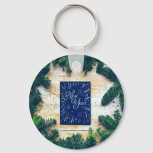 Happy New Year Blue and Green Pine Key Ring