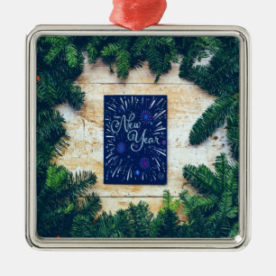 Happy New Year Blue and Green Pine Metal Ornament
