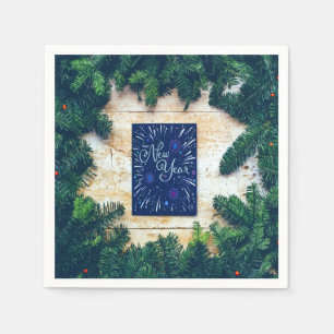 Happy New Year Blue and Green Pine Napkin