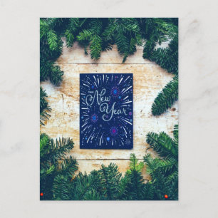Happy New Year Blue and Green Pine Postcard