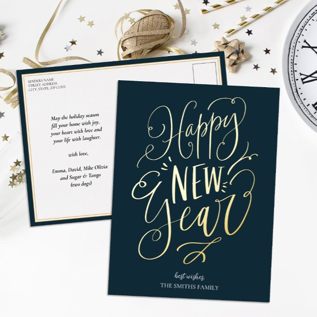 Happy New Year Blue Gold Script Modern Non Photo Foil Holiday Postcard (Creator Uploaded)