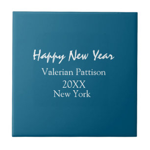 Happy new year blue name place year boho simple ceramic tile