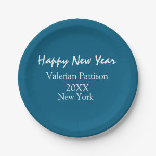 Happy new year blue name place year boho simple paper plate