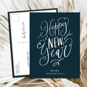 Happy New Year Blue Script Modern Non Photo Holiday Postcard