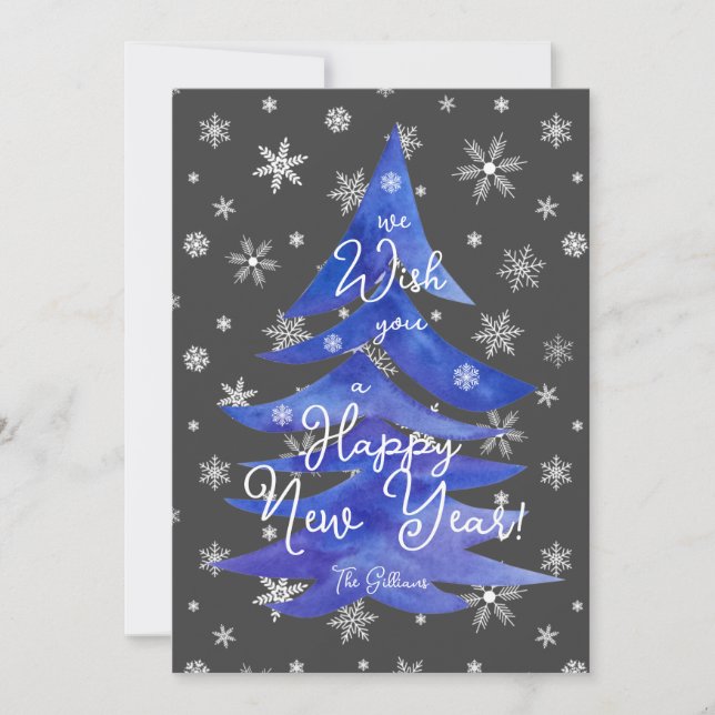 happy new year blue tree holiday card (Front)
