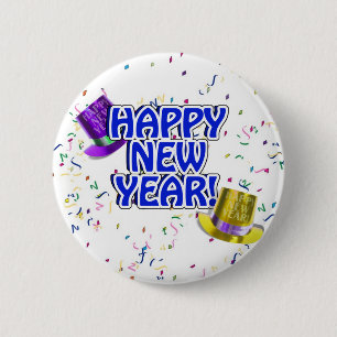 Happy New Year Blue & White Text 6 Cm Round Badge