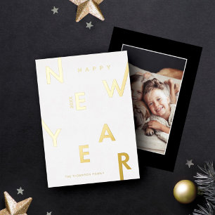 Happy New Year Bold Letters Minimal Modern Photo Foil Holiday Card
