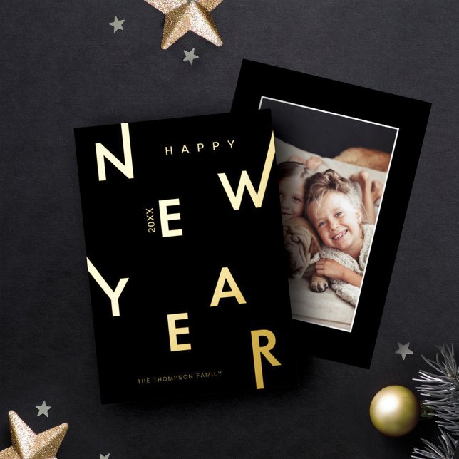 Happy New Year Bold Letters Minimal Modern Photo Foil Holiday Card (Creator Uploaded)