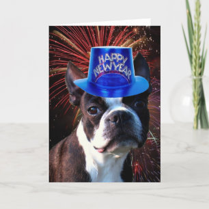 Happy New Year Boston terrier greeting card