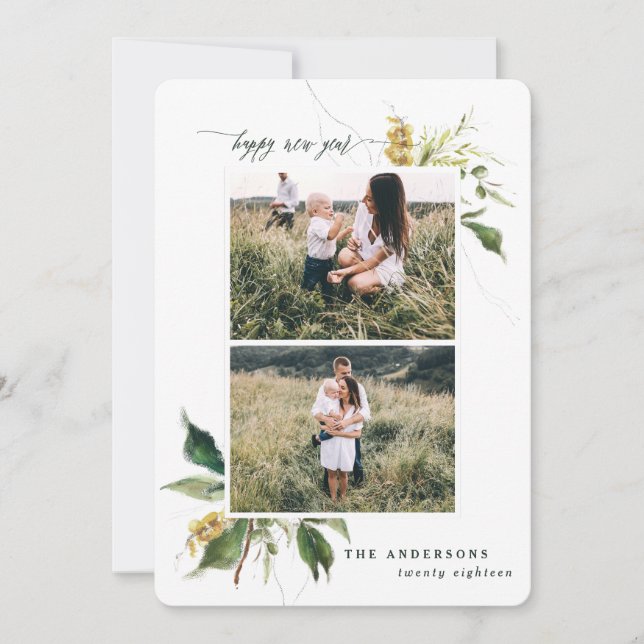 Happy new year botanical two photo family  holiday card (Front)