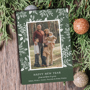 Happy New Year Botanicals on Green Photo Holiday Card