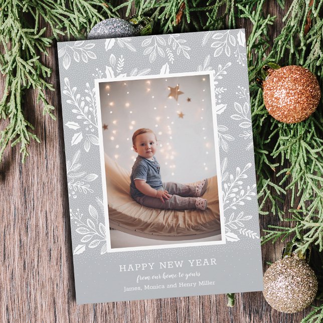 Happy New Year Botanicals on Grey Photo Holiday Card (Happy New Year botanicals on gray photo cards - Order INSTANT DOWNLOAD and/or PRINTED or both!)