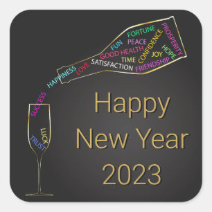 Happy New Year Bottle Glass Colourful Motivation Square Sticker