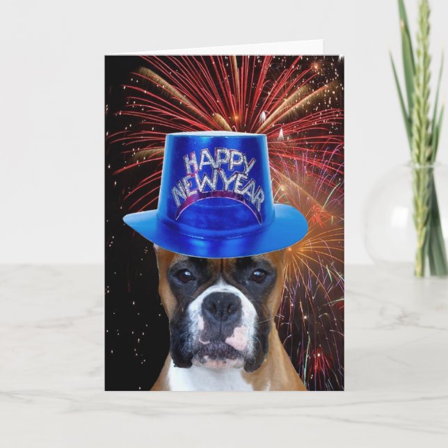 Happy New Year Boxer dog greeting card (Front)