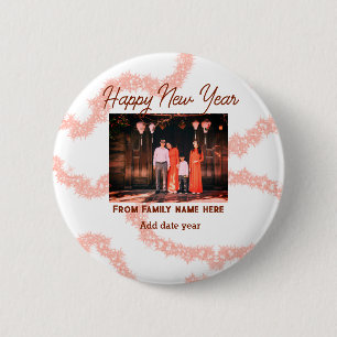 Happy new year brown add photo family name glitter 6 cm round badge