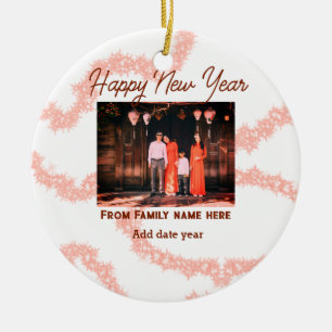 Happy new year brown add photo family name glitter ceramic ornament