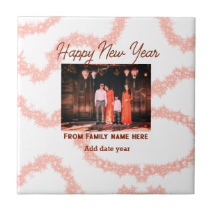 Happy new year brown add photo family name glitter ceramic tile