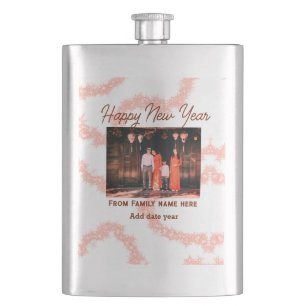 Happy new year brown add photo family name glitter hip flask