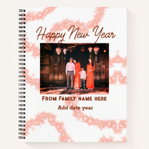 Happy new year brown add photo family name glitter notebook