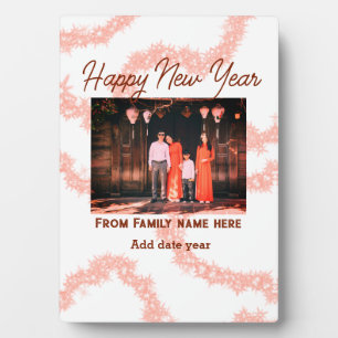 Happy new year brown add photo family name glitter plaque