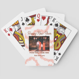 Happy new year brown add photo family name glitter playing cards
