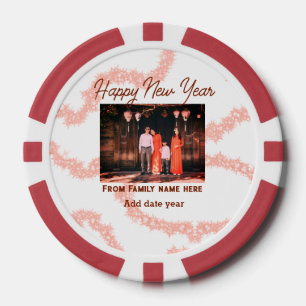 Happy new year brown add photo family name glitter poker chips