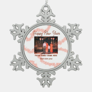 Happy new year brown add photo family name glitter snowflake pewter christmas ornament