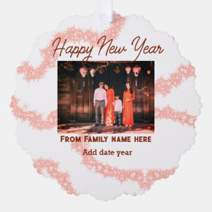 Happy new year brown add photo family name glitter tree decoration card