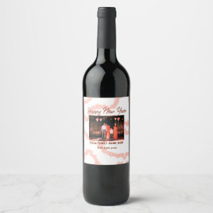 Happy new year brown add photo family name glitter wine label