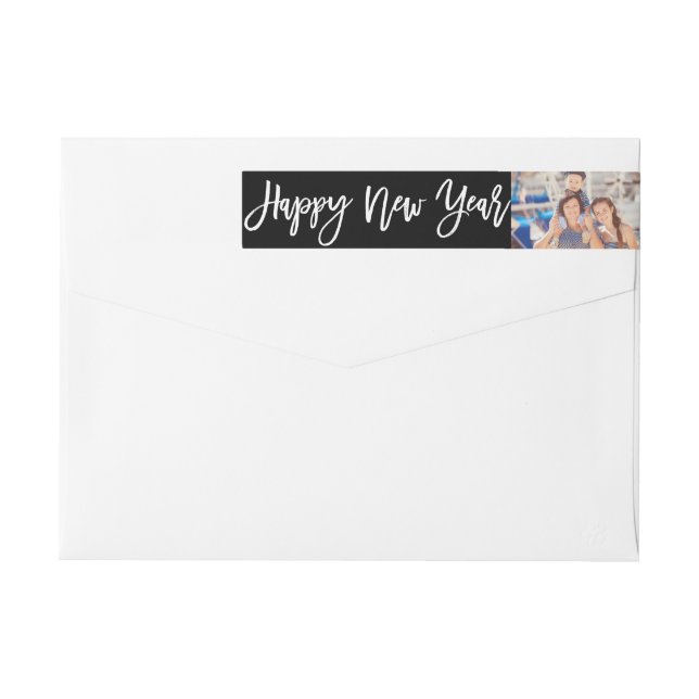 Happy New Year Brush Script Photo Holiday Address Wrap Around Label (Back)