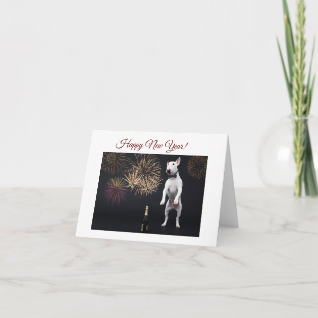 Happy New Year Bull Terrier Champagne Holiday Card (Front)