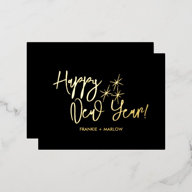 Happy New Year Business Logo Black Gold Foil Holiday Postcard (Front/Back)