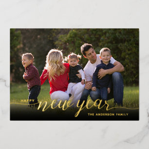 Happy New Year Calligraphy 2 Photo Gold Foil Holiday Card