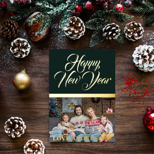 Happy New Year Calligraphy Gold Metallic Foil Holiday Card