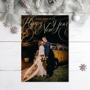 Happy New Year Calligraphy Holiday Photo Foil Card